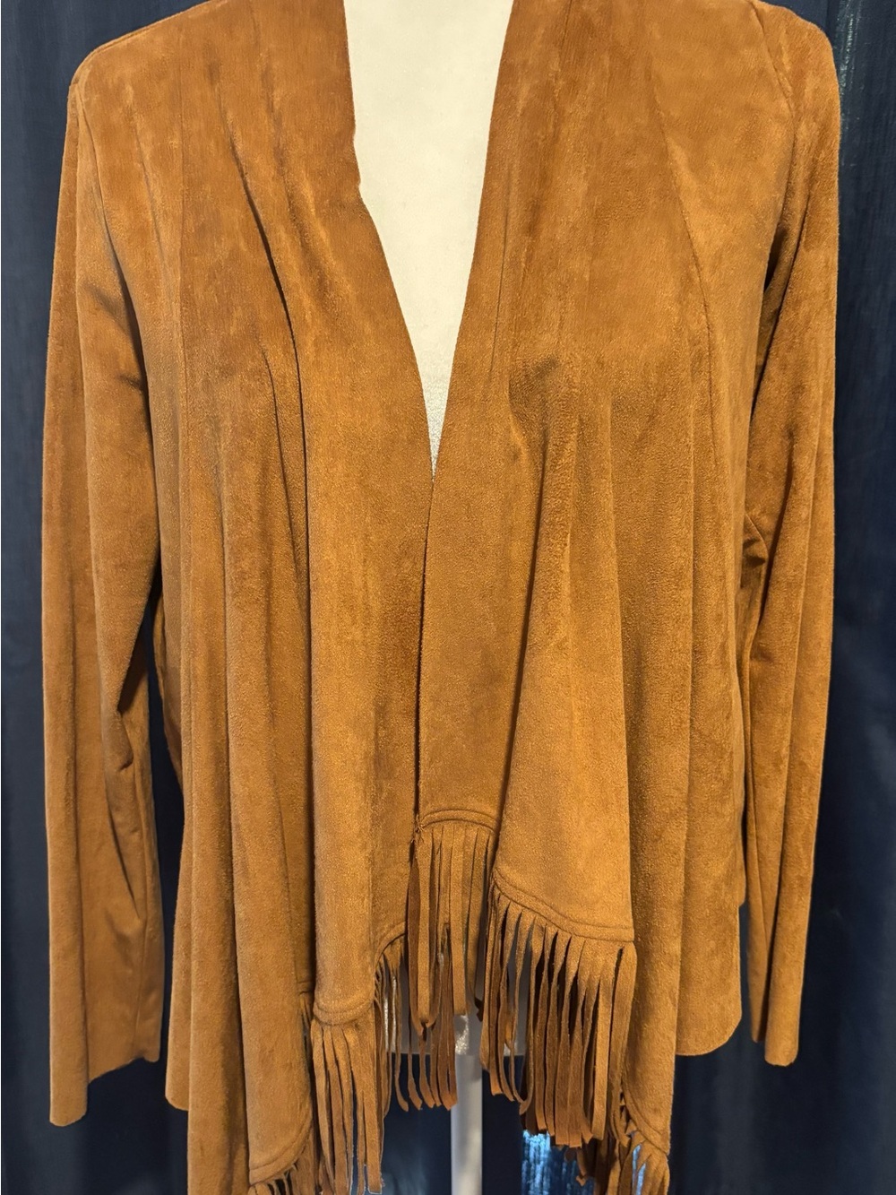 Hollister Faux Suede Fringe Open Front Jacket in Chestnut